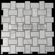 Carrara Marble Italian White Bianco Carrera Basketweave Mosaic Tile with Crema Marfil Dots Polished