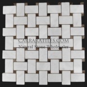 Carrara Marble Italian White Bianco Carrera Basketweave Mosaic Tile with Dark Emperador Dots Polished