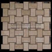 Classic Ivory Travertine Basketweave Mosaic Tile with Noce Travertine Dots Honed