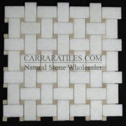 Statuary Marble Italian White Statuario Basketweave Mosaic Tile with Crema Marfil Dots Polished